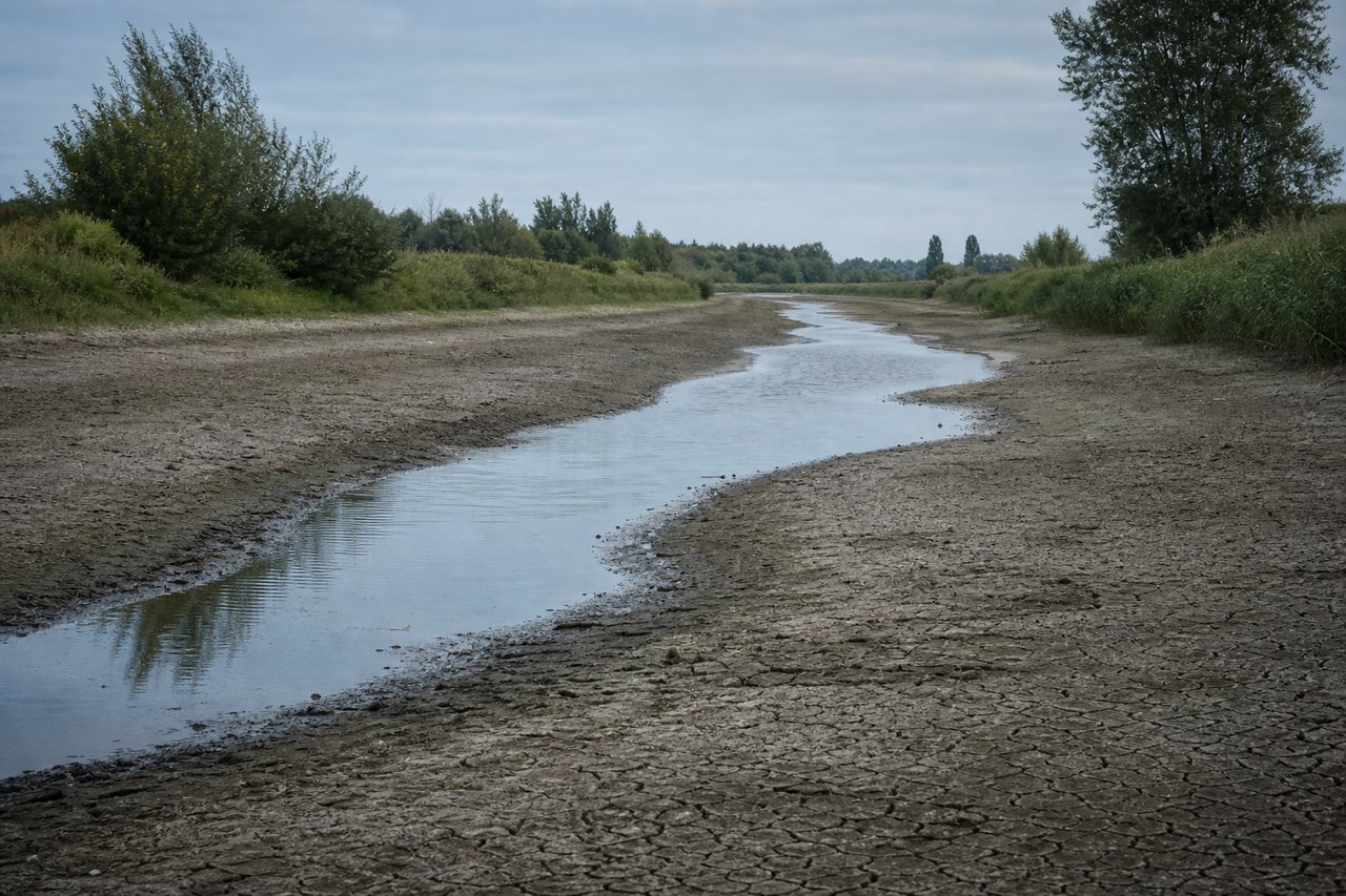 Een rivier bij zeer laag water met brede, drooggevallen en gebarsten oevers