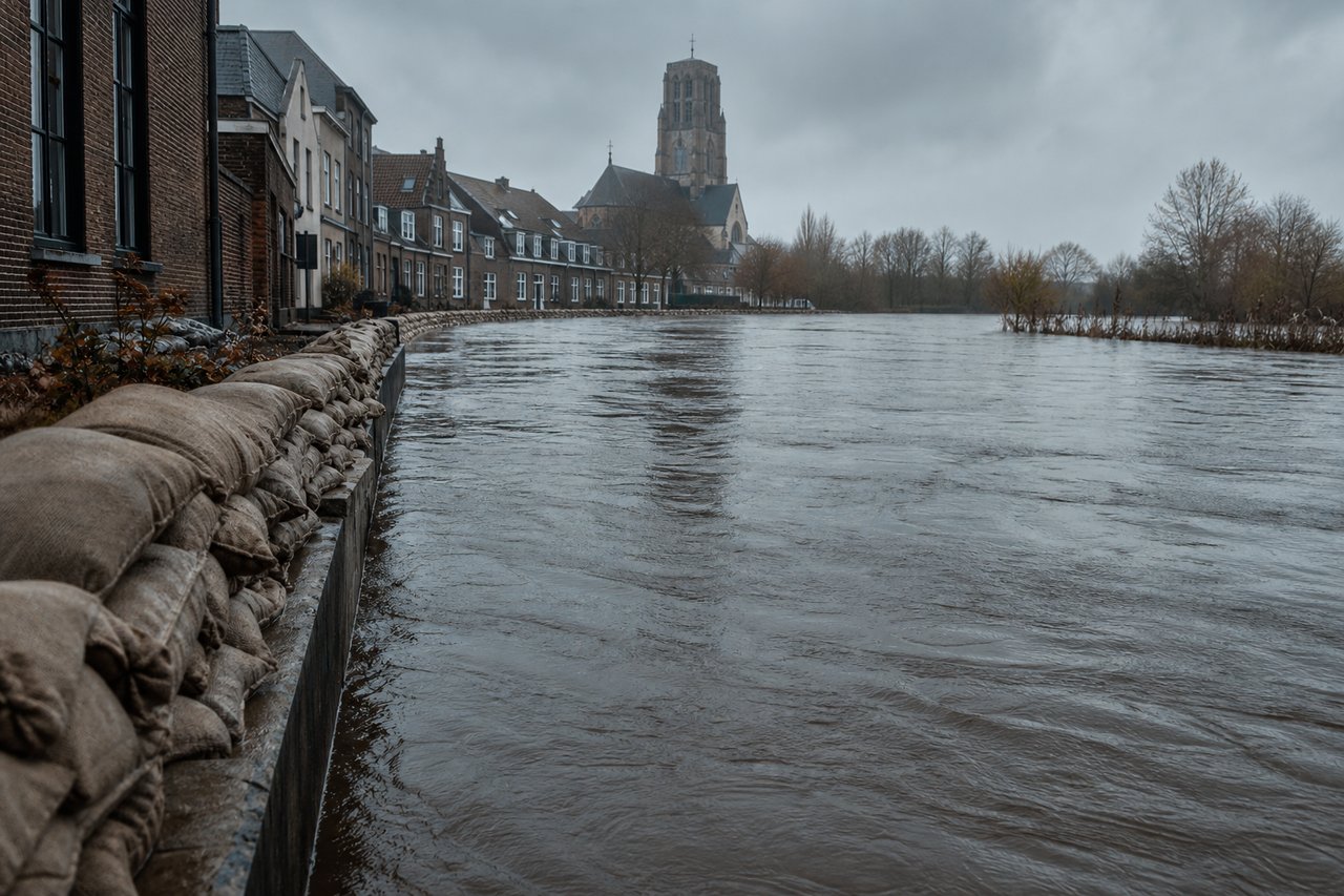 Hoog water bereikt de stenen kade van een Vlaamse stad, met zandzakken langs de rand