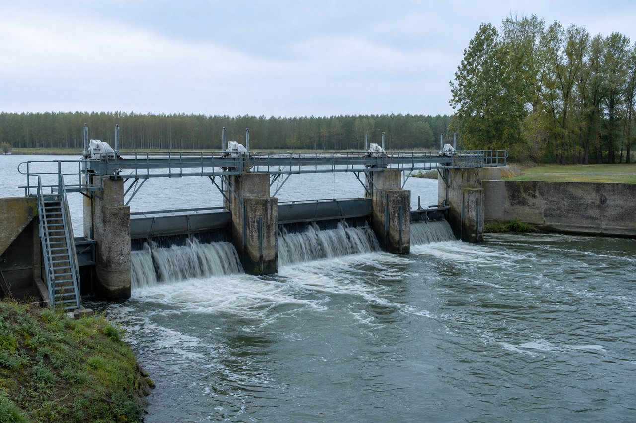 Een stuw met sluisdeuren regelt het waterpeil van een rivier