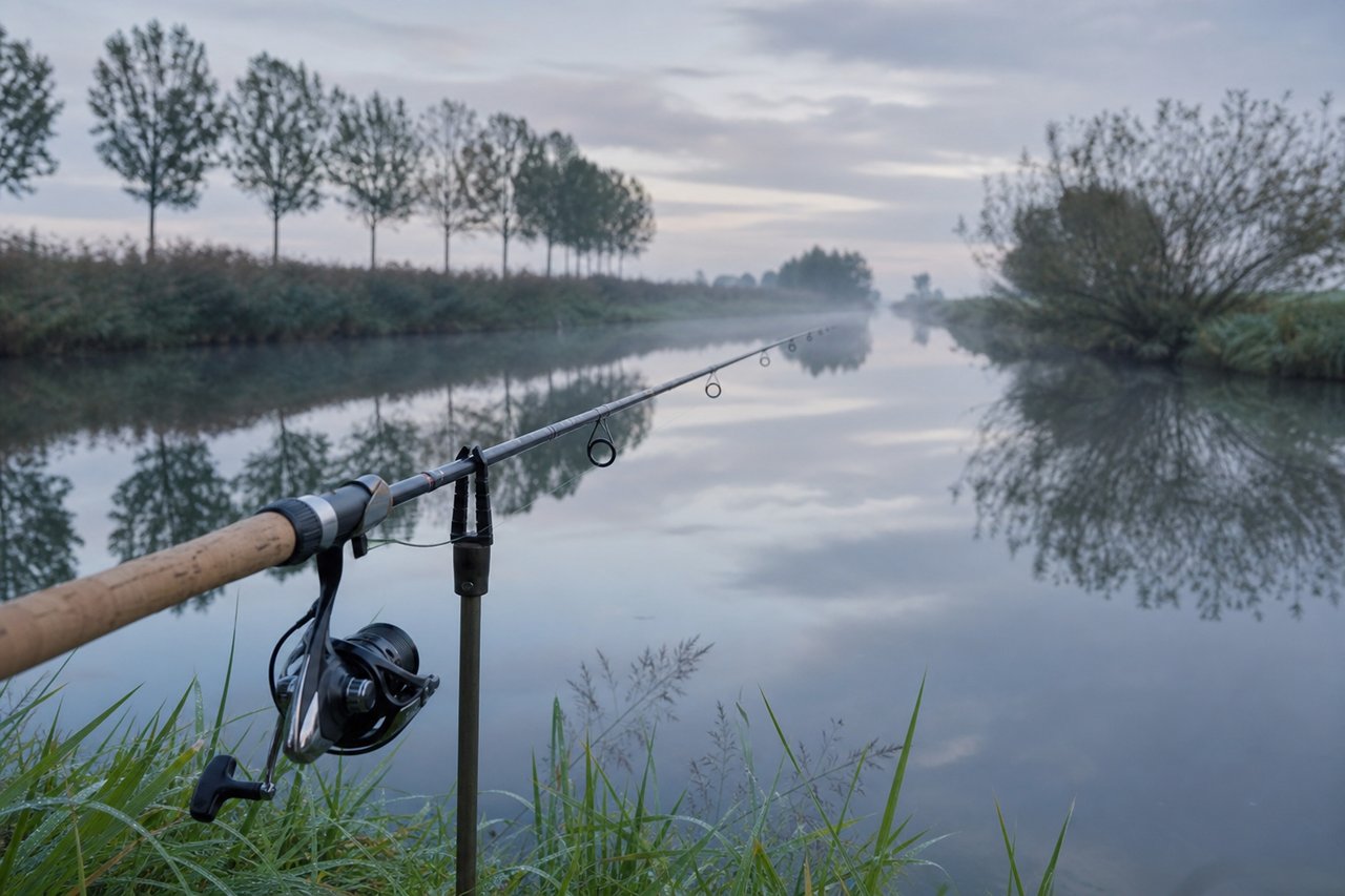 Een hengel rust boven het stille wateroppervlak van een kanaal bij dageraad