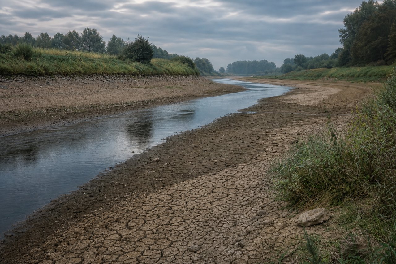 Een rivier met een lage waterstand en droogvallende oevers